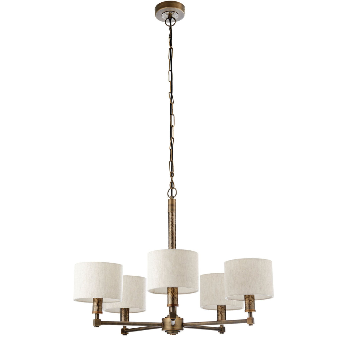 Indara 5 Arm Pendant in Hammered Bronze Effect and Linen Shades