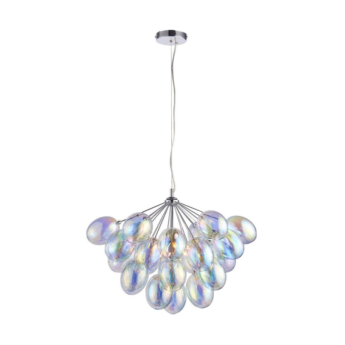 A full view of a chandelier with iridescent glass shades, hanging from a chrome ceiling plate.