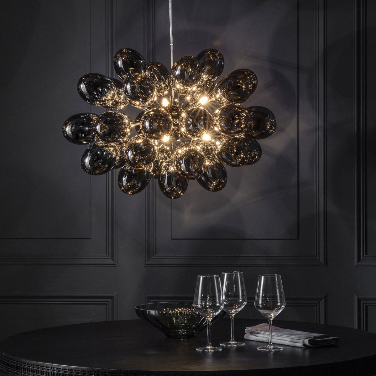 Infinity Eight Light Pendant in Black Chrome with Dark Chrome Glass Shades