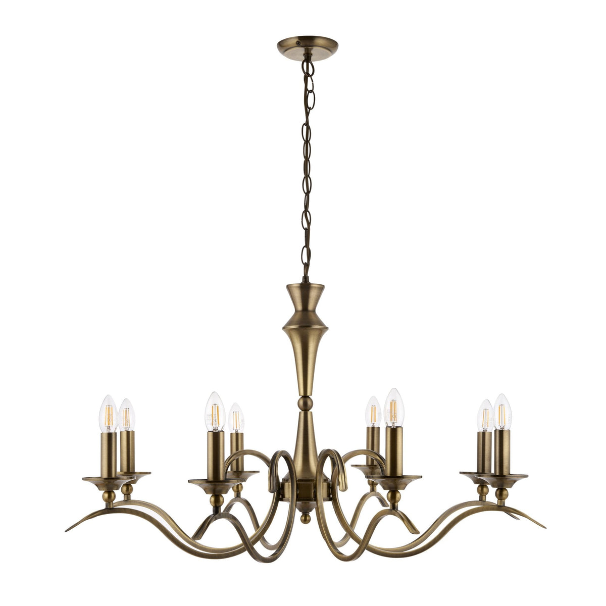 Full view of an eight-light antique brass chandelier with a chain and ceiling rose on white.