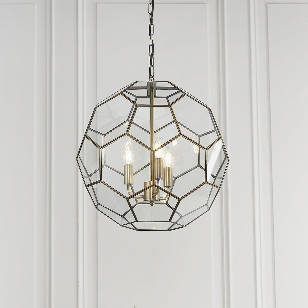 Miele 3 Hexagonal Glass Pendant Light in Antique Brass