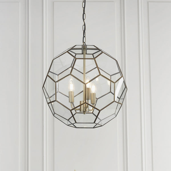 Miele 3 Hexagonal Glass Pendant Light in Antique Brass