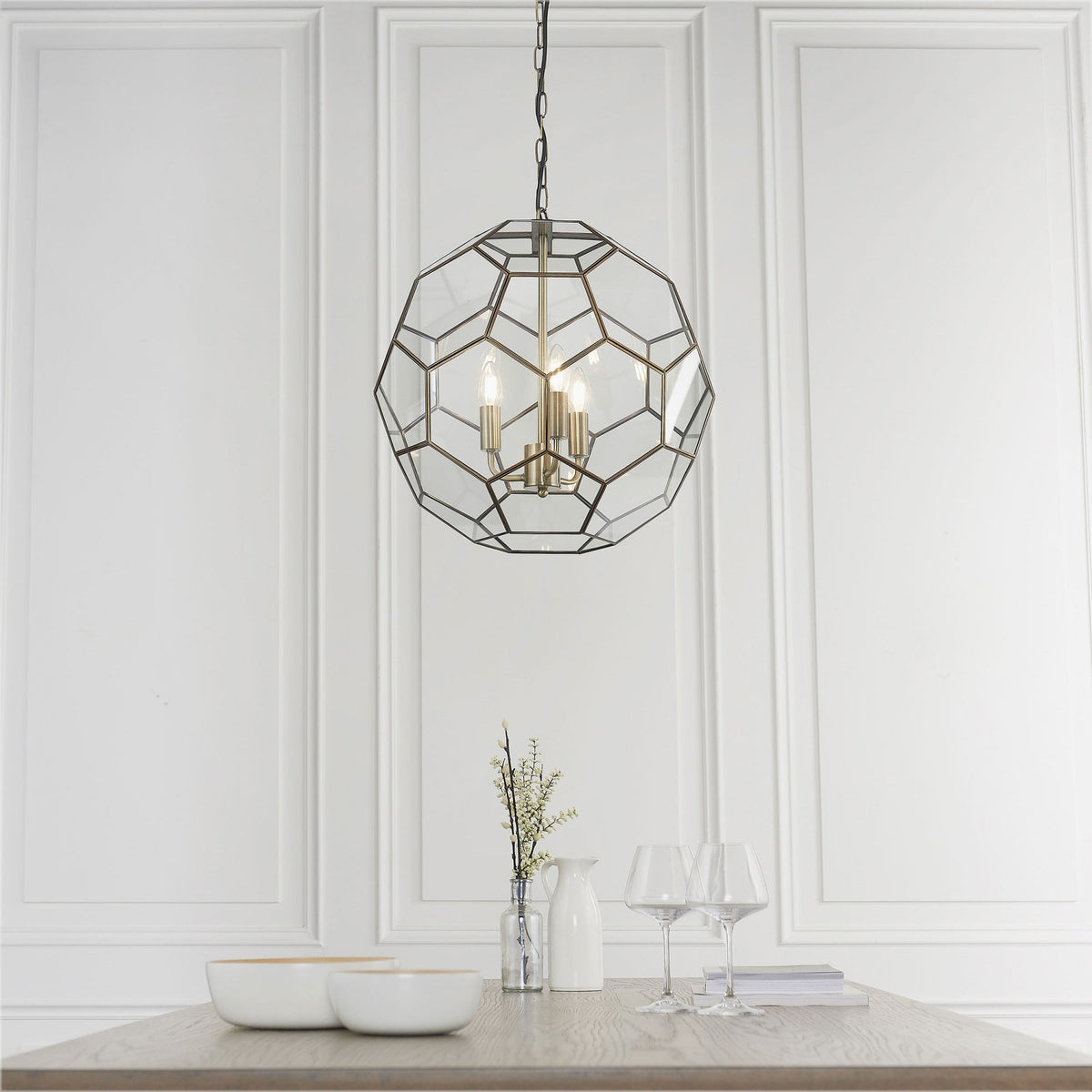 Miele 3 Hexagonal Glass Pendant Light in Antique Brass
