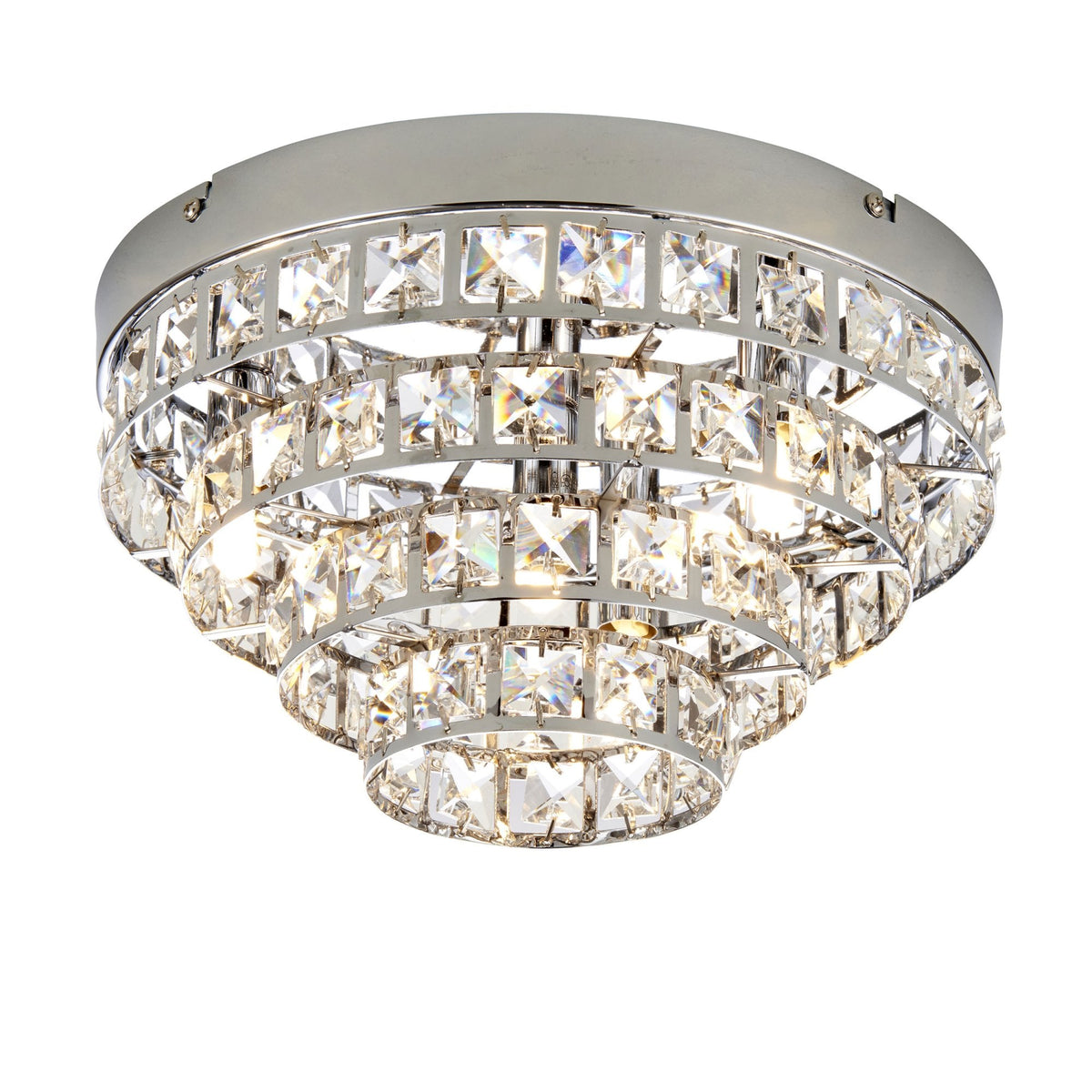 Tiered crystal flush ceiling light with a polished chrome base on a white background.