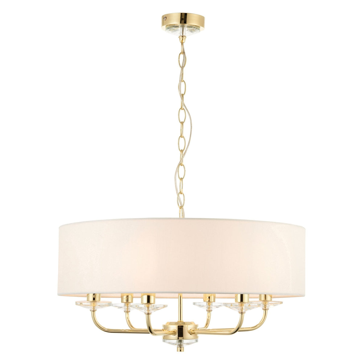 Drum shade chandelier with gold finish and crystal accents, hanging from a chain.