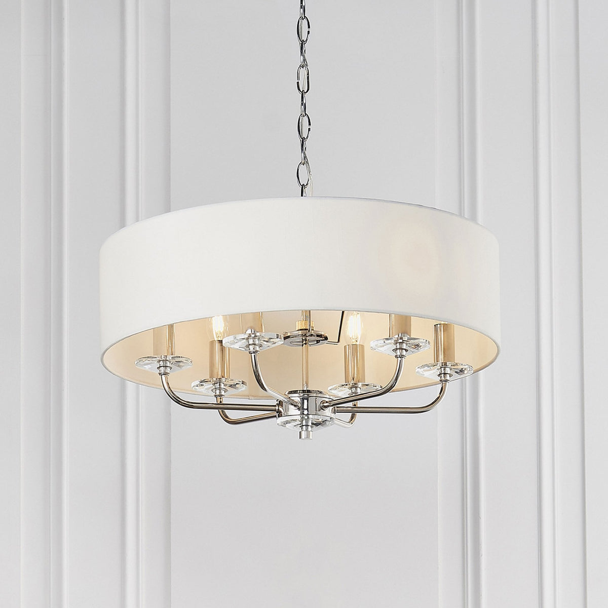 Nixon Six Light Pendant in Nickel with Vintage White Shade