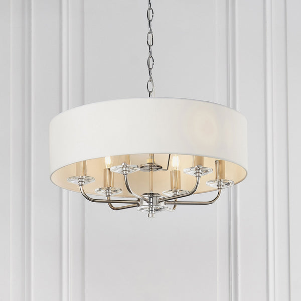 Nixon Six Light Pendant in Nickel with Vintage White Shade