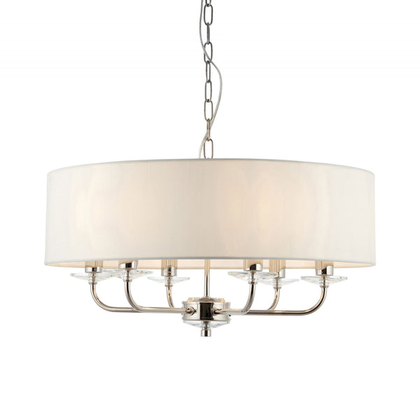 Nixon Six Light Pendant in Nickel with Vintage White Shade