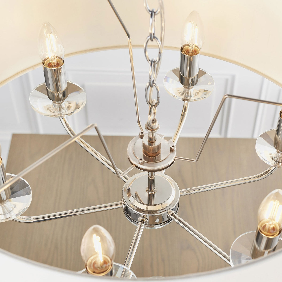 Nixon Six Light Pendant in Nickel with Vintage White Shade