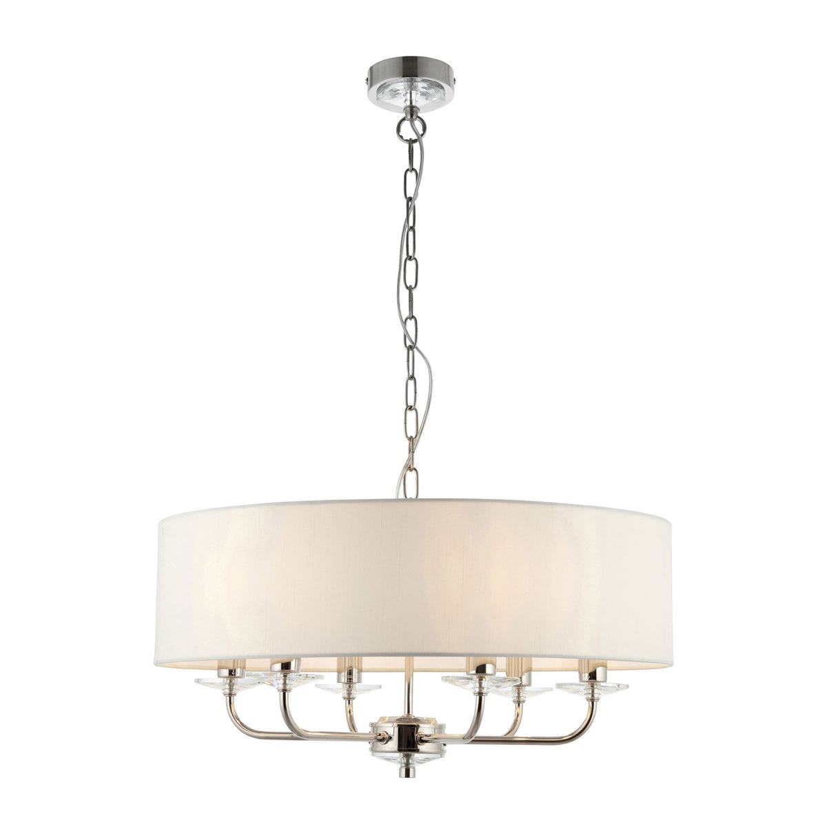Nixon Six Light Pendant in Nickel with Vintage White Shade