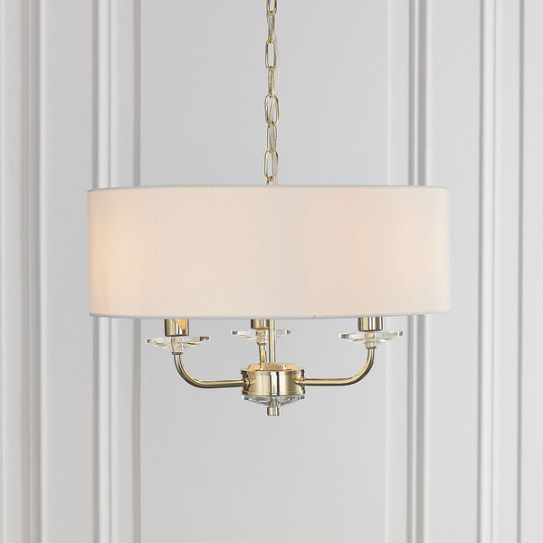 Nixon Three Light Pendant in Brass with Vintage White Shade
