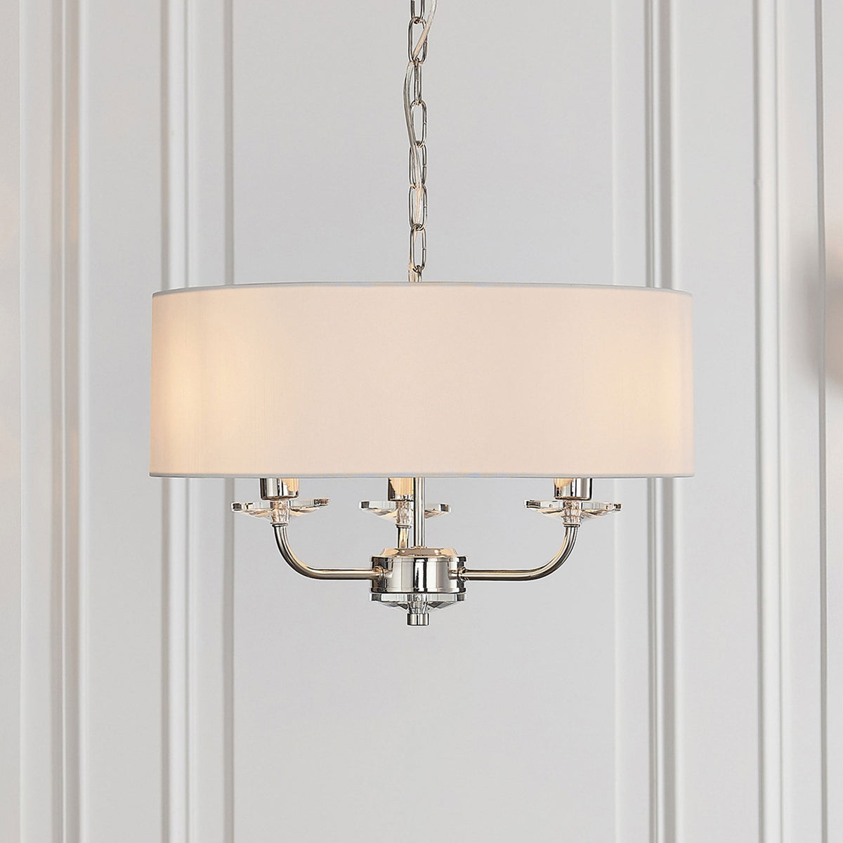 Nixon Three Light Pendant in Nickel with Vintage White Shade