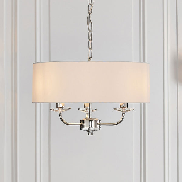 Nixon Three Light Pendant in Nickel with Vintage White Shade