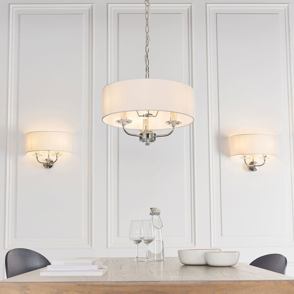 Nixon Three Light Pendant in Nickel with Vintage White Shade