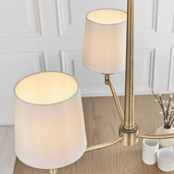 Ortona 3 Arm Pendant in Matt Antique Brass and White Shades
