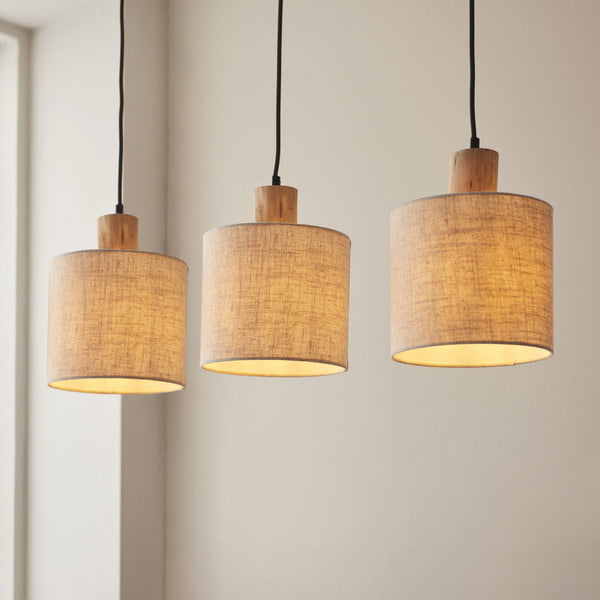 Durban Triple Drop Linear Pendant with Natural Linen Shades and Wooden Details