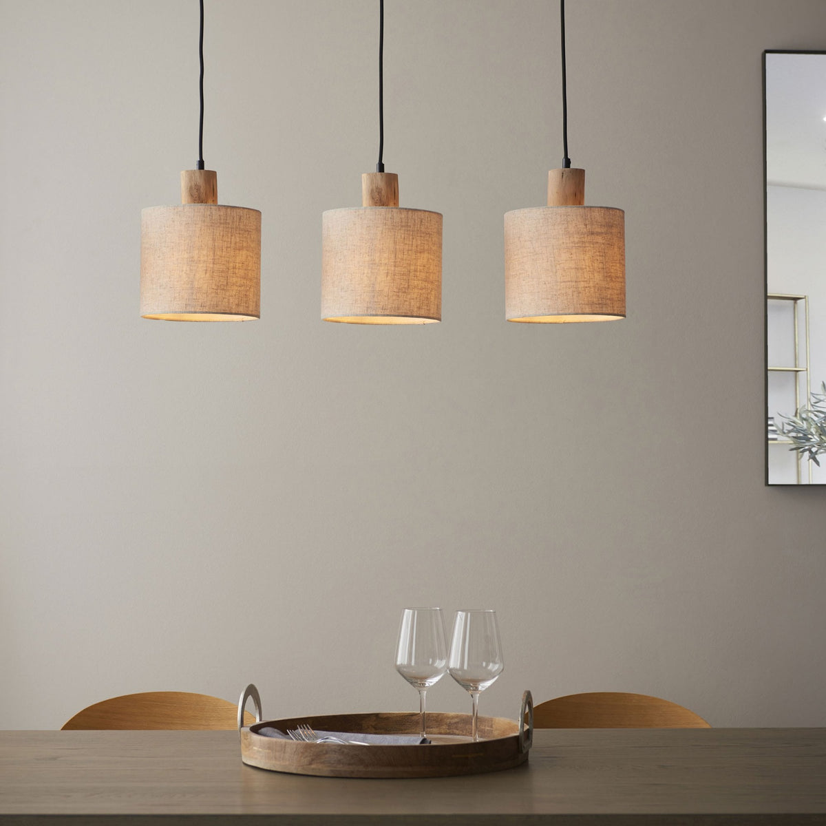 Durban Triple Drop Linear Pendant with Natural Linen Shades and Wooden Details
