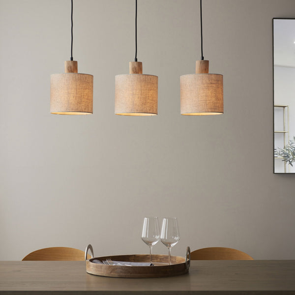 Durban Triple Drop Linear Pendant with Natural Linen Shades and Wooden Details