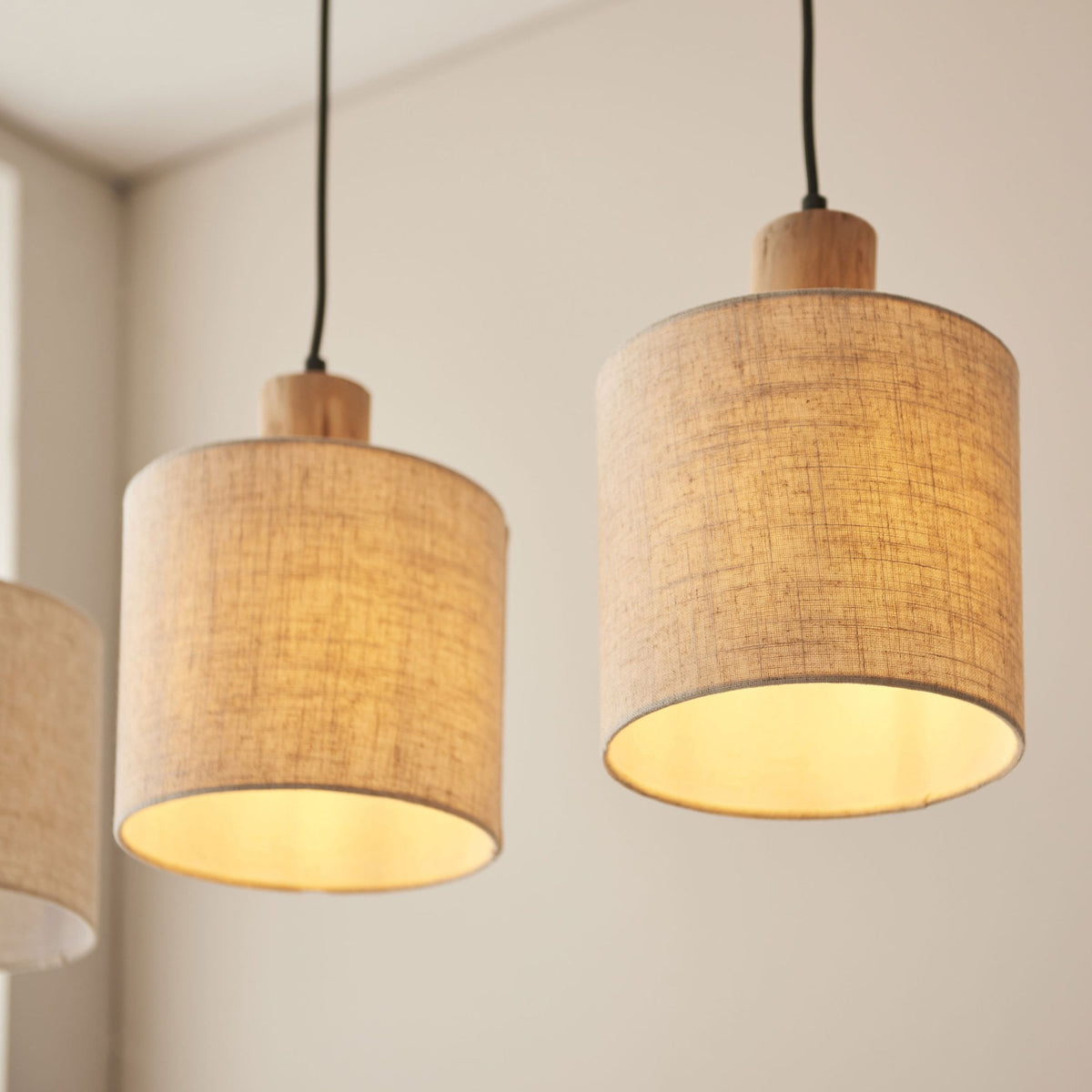 Durban Triple Drop Linear Pendant with Natural Linen Shades and Wooden Details