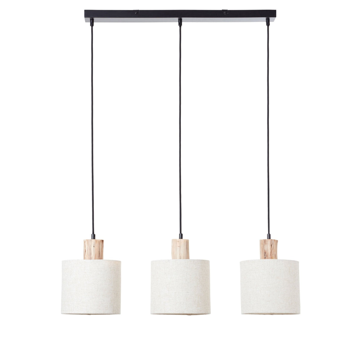 Durban Triple Drop Linear Pendant with Natural Linen Shades and Wooden Details