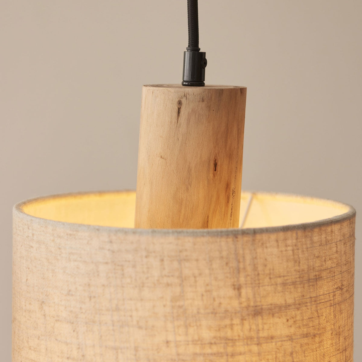 Durban Triple Drop Linear Pendant with Natural Linen Shades and Wooden Details