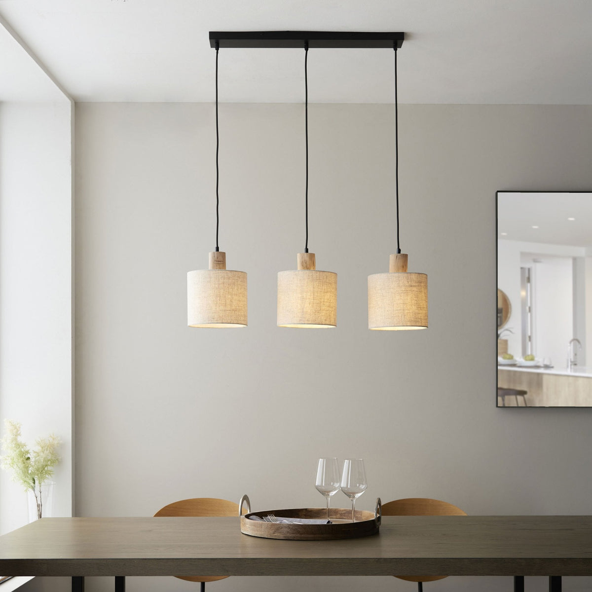 Durban Triple Drop Linear Pendant with Natural Linen Shades and Wooden Details