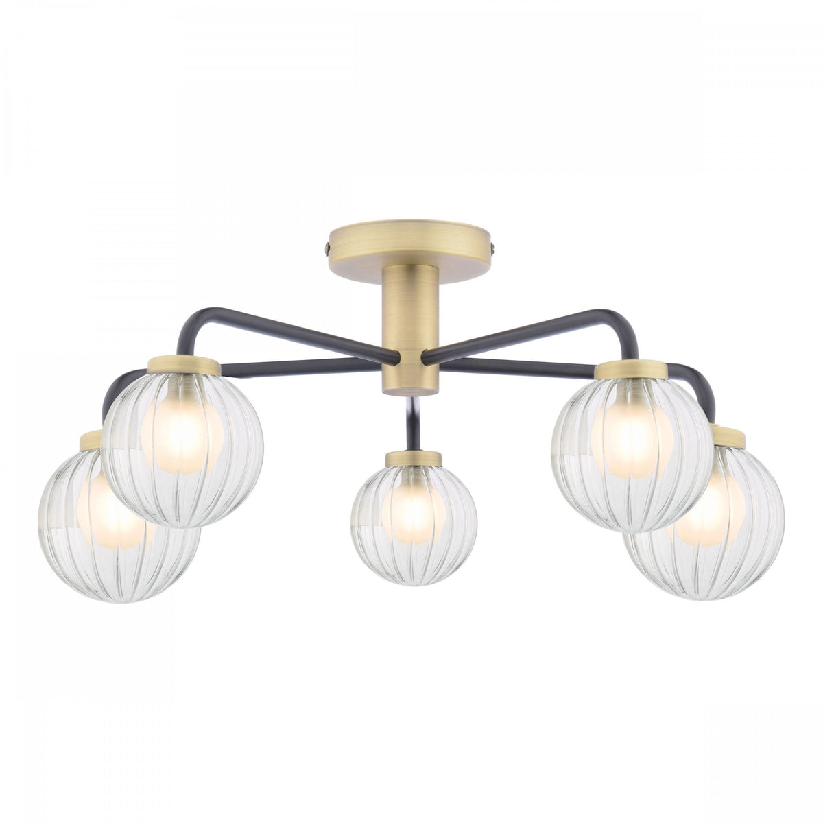 Gibbs 5 Light Semi Flush Ceiling Light In Antique Brass & Matt Black With Ribbed Glass Shades