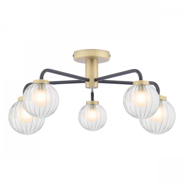 Gibbs 5 Light Semi Flush Ceiling Light In Antique Brass & Matt Black With Ribbed Glass Shades