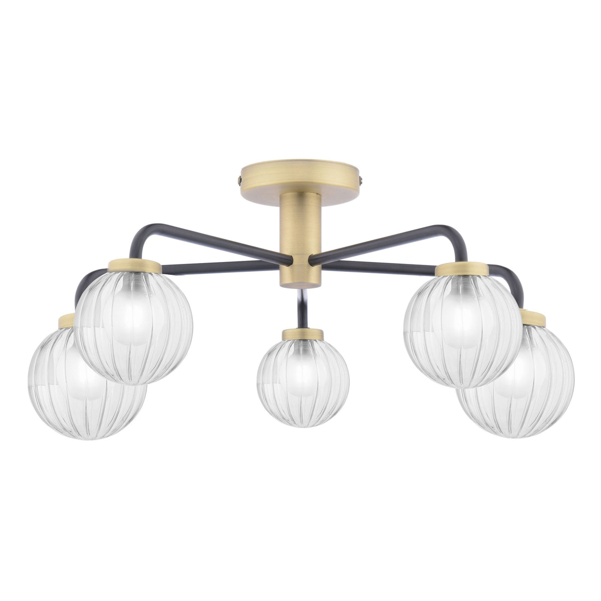 Gibbs 5 Light Semi Flush Ceiling Light In Antique Brass & Matt Black With Ribbed Glass Shades