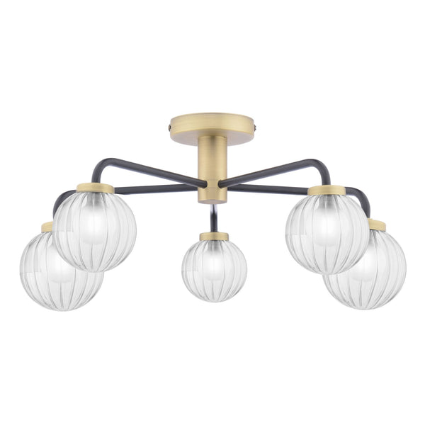 Gibbs 5 Light Semi Flush Ceiling Light In Antique Brass & Matt Black With Ribbed Glass Shades