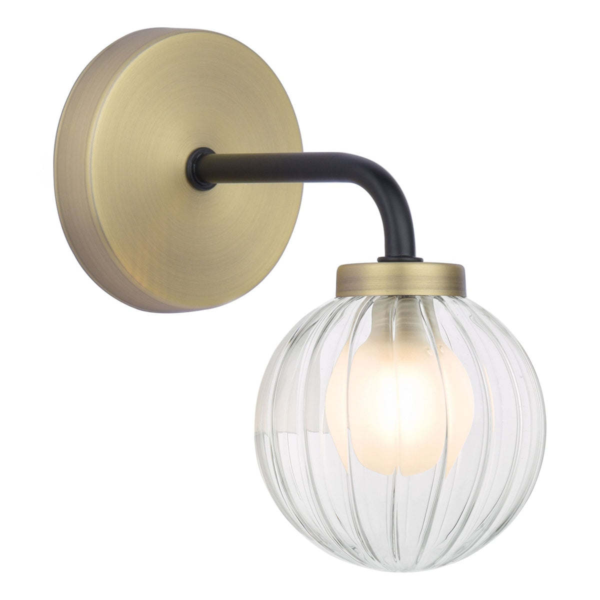 Gibbs Wall Light In Antique Brass & Matt Black With Clear Ribbed Glass Shade