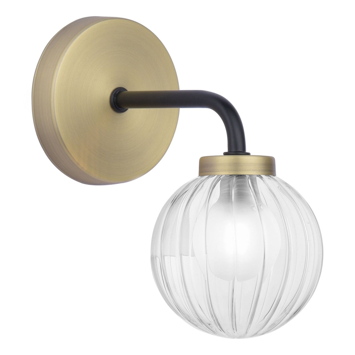 Gibbs Wall Light In Antique Brass & Matt Black With Clear Ribbed Glass Shade