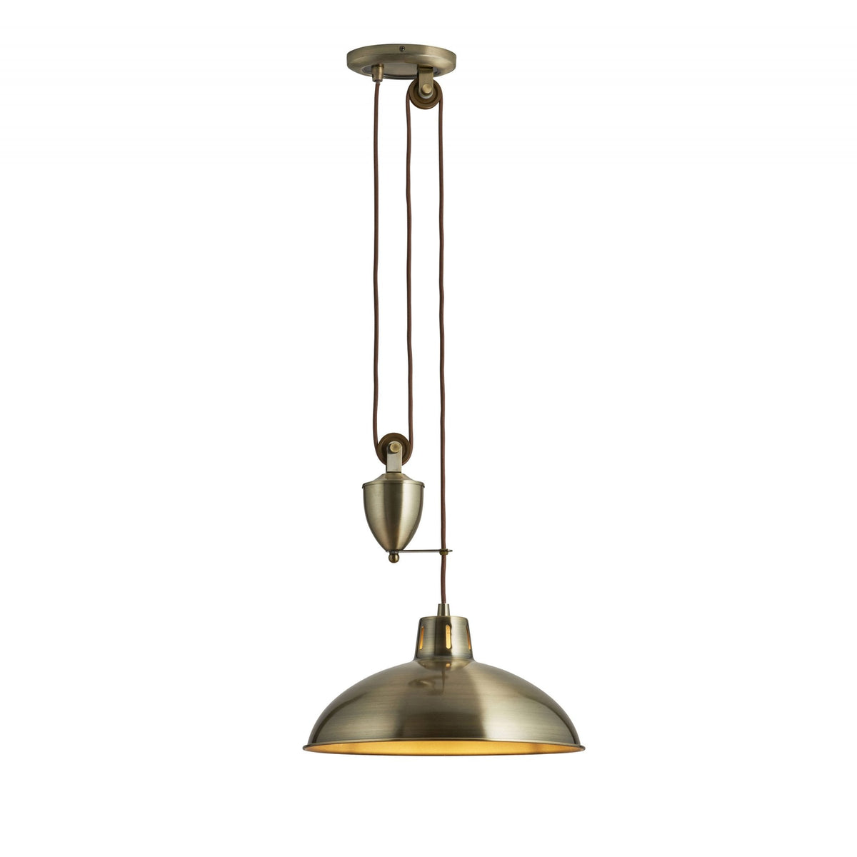 A brass pulley pendant light with a dome shade on a white background.