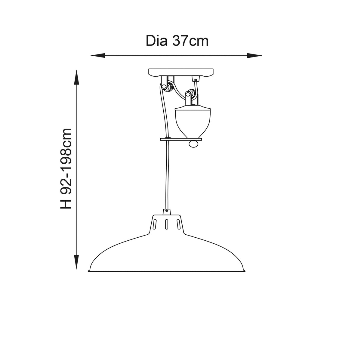 Line drawing of a pulley pendant light with dimensions: height 92-198cm, diameter 37cm.