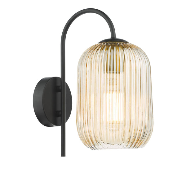Idra Switched Wall Light In Matt Black With Champagne Ribbed Glass Shade