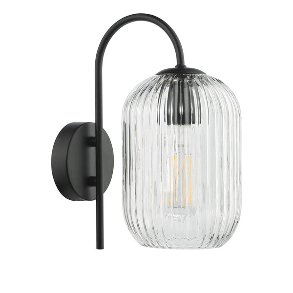 Idra Switched Wall Light In Matt Black With Clear Ribbed Glass Shade