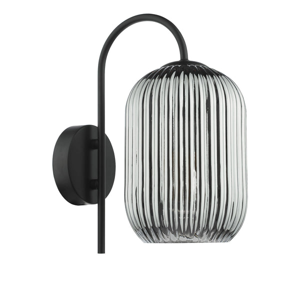 Idra Switched Wall Light In Matt Black With Smoked Ribbed Glass Shade