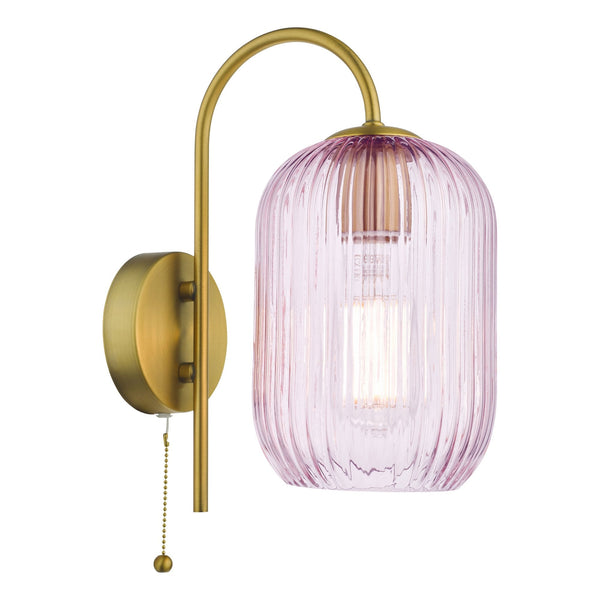 Idra Switched Wall Light In Aged Bronze With Pink Ribbed Glass Shade