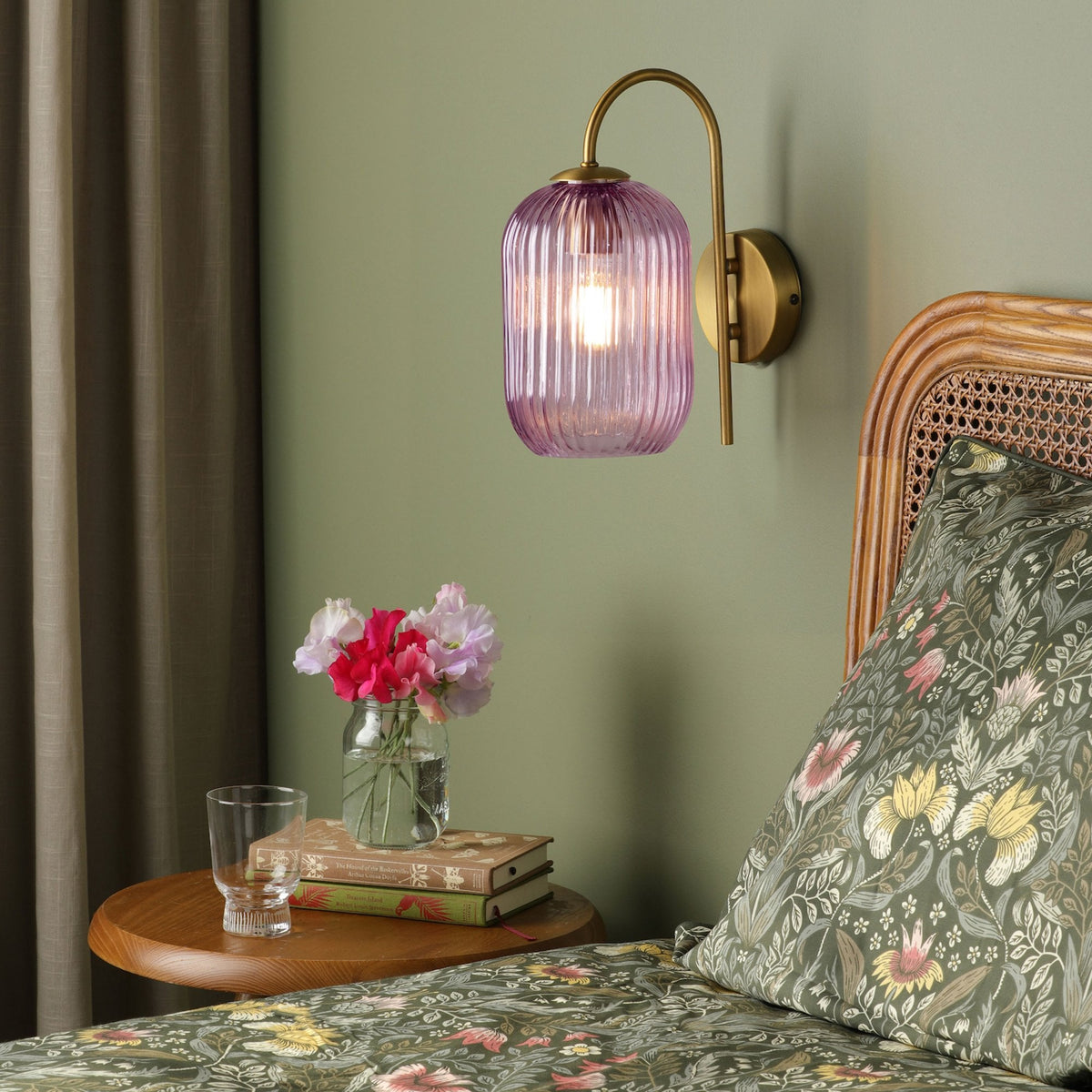 Idra Switched Wall Light In Aged Bronze With Pink Ribbed Glass Shade
