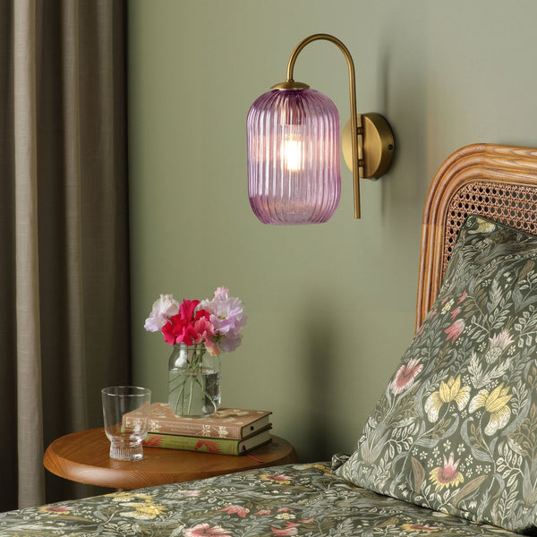 Idra Switched Wall Light In Aged Bronze With Pink Ribbed Glass Shade