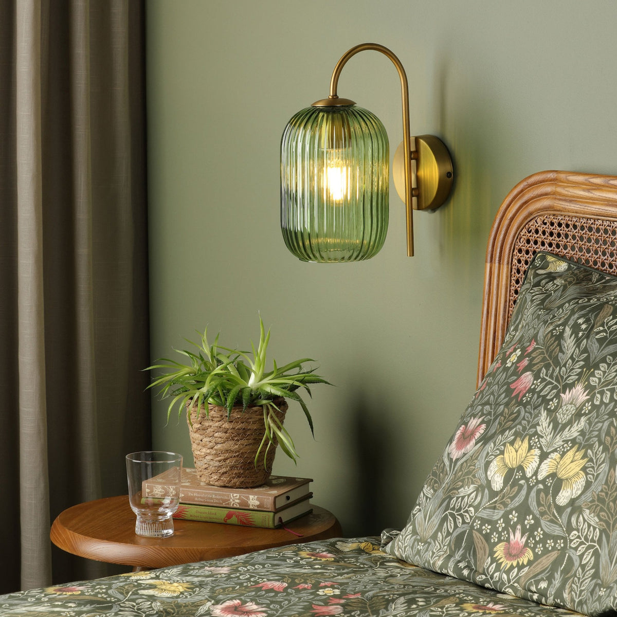 Idra Switched Wall Light In Aged Bronze With Green Ribbed Glass Shade