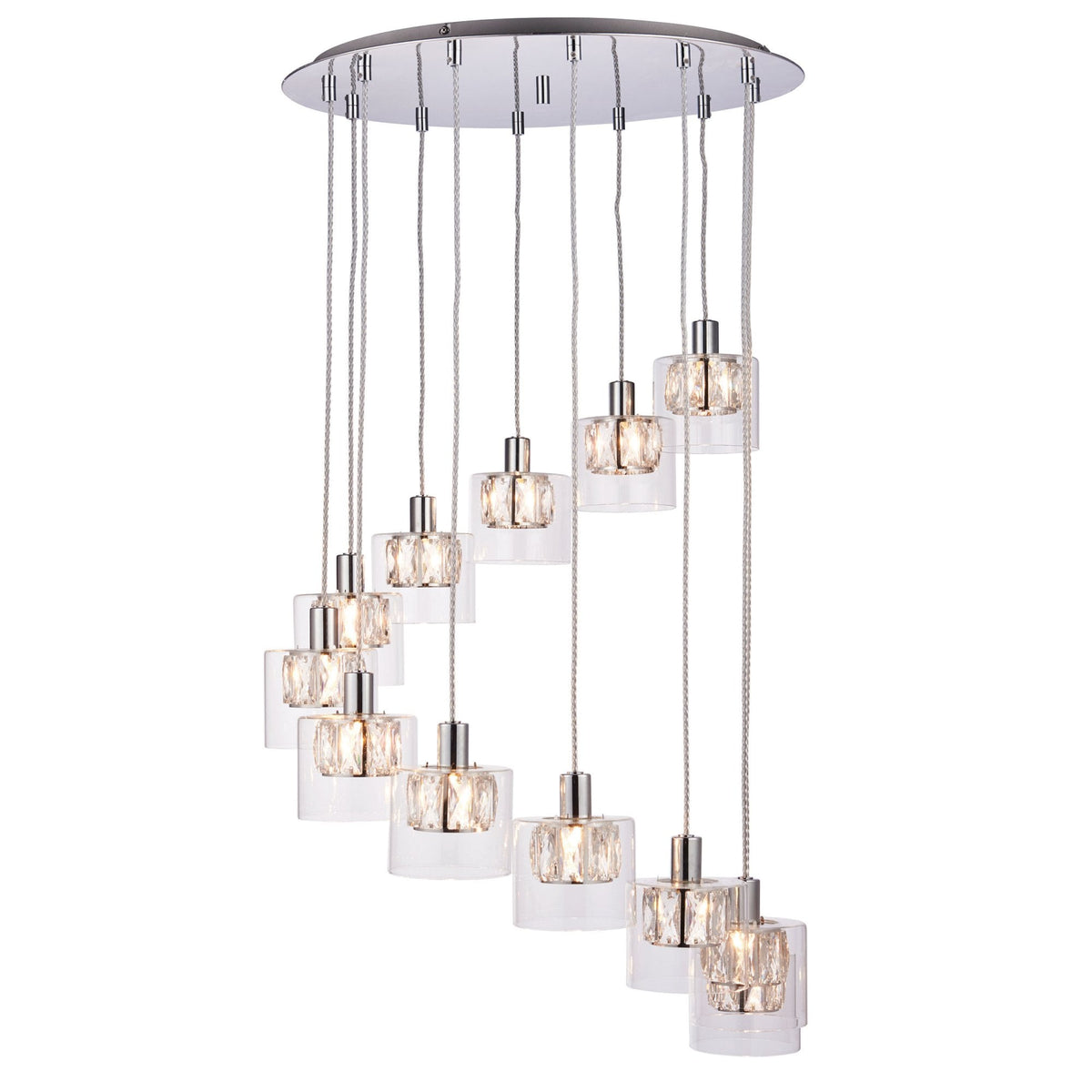 A contemporary chandelier with 12 lights arranged in a spiral, featuring clear glass and chrome finishes.