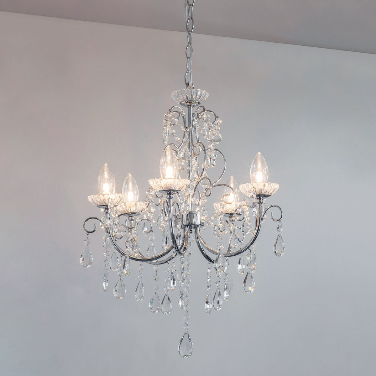 Tabitha Five Light IP44 Bathroom Chandelier in Polished Chrome with Faceted Crystals