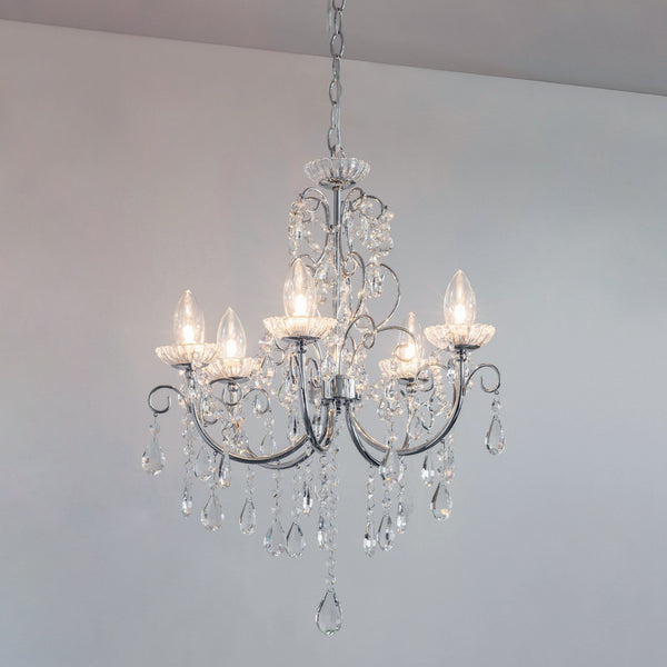 Tabitha Five Light IP44 Bathroom Chandelier in Polished Chrome with Faceted Crystals