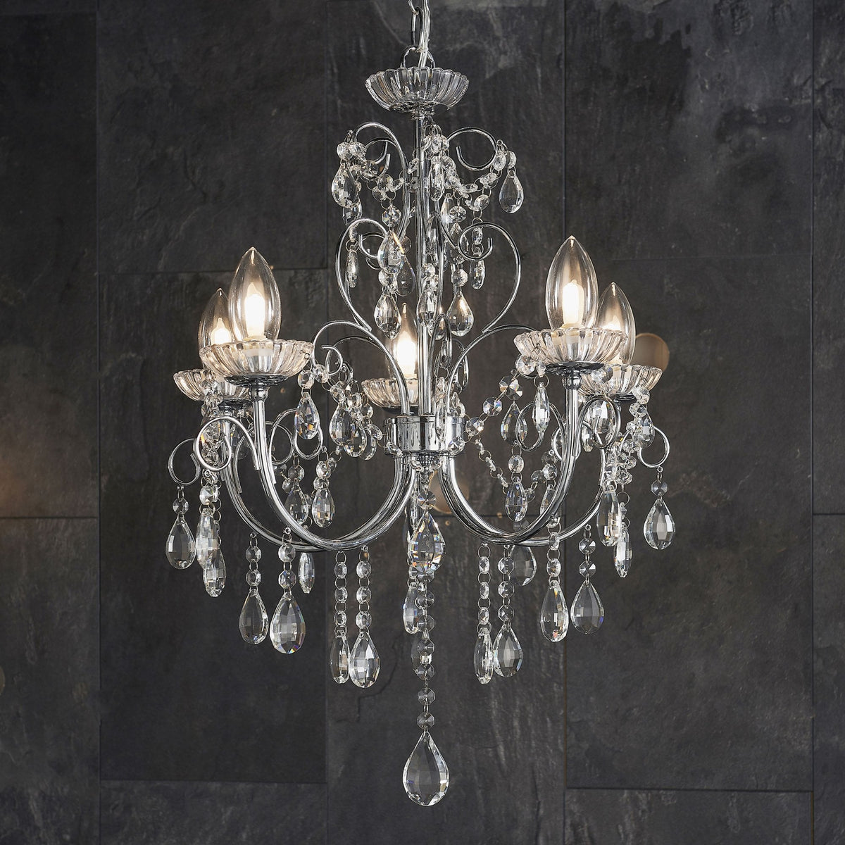 Tabitha Five Light IP44 Bathroom Chandelier in Polished Chrome with Faceted Crystals