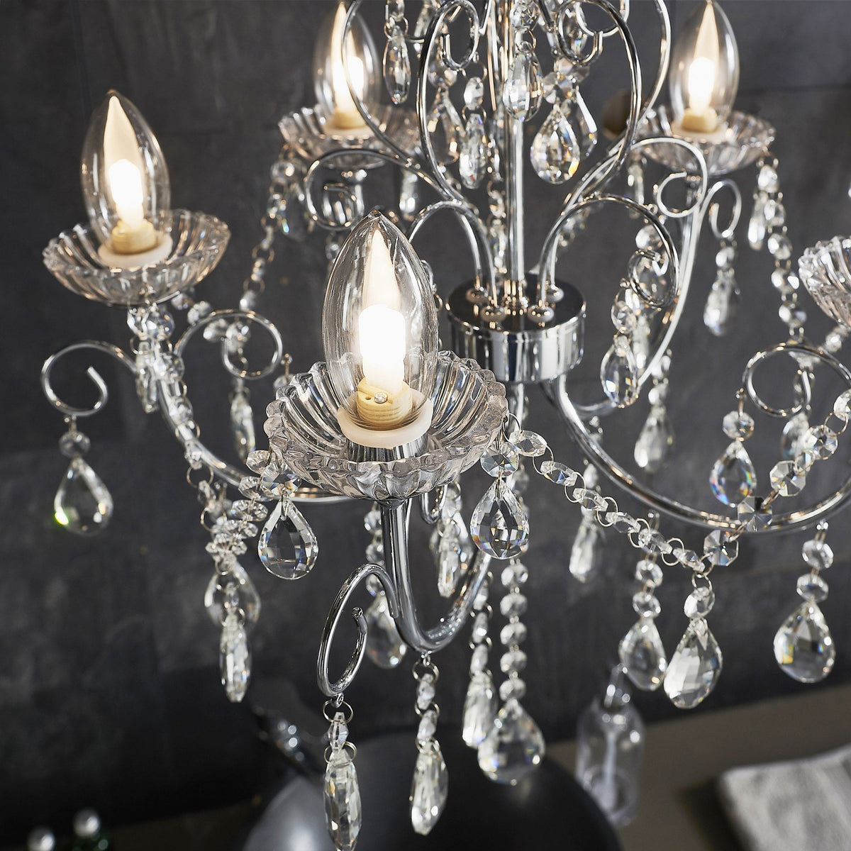 Tabitha Five Light IP44 Bathroom Chandelier in Polished Chrome with Faceted Crystals