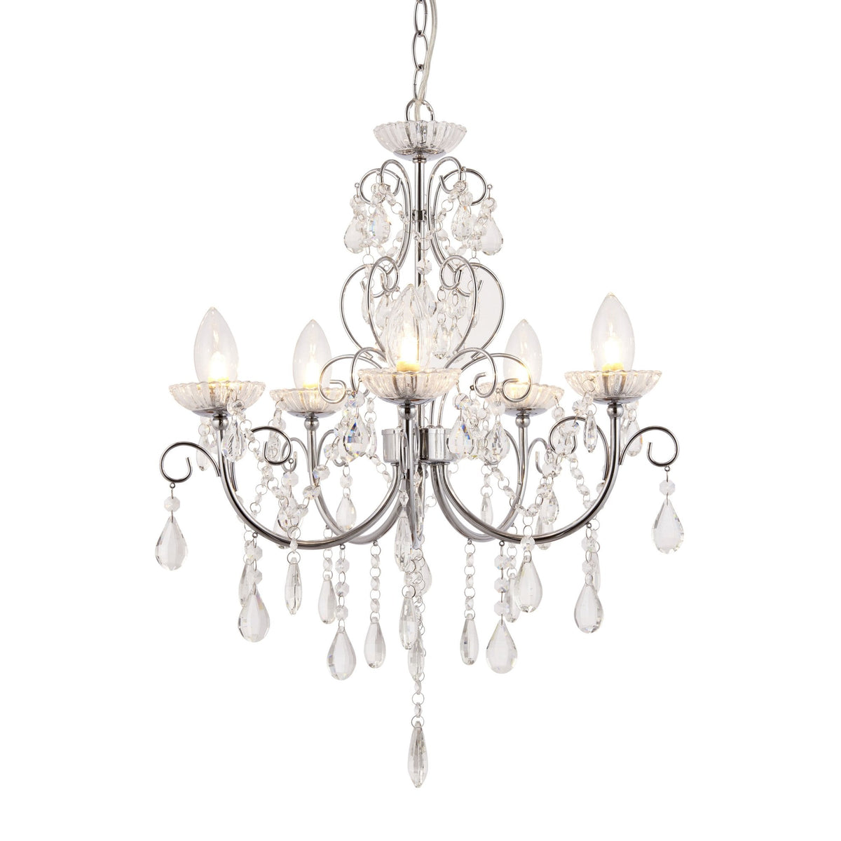 Tabitha Five Light IP44 Bathroom Chandelier in Polished Chrome with Faceted Crystals