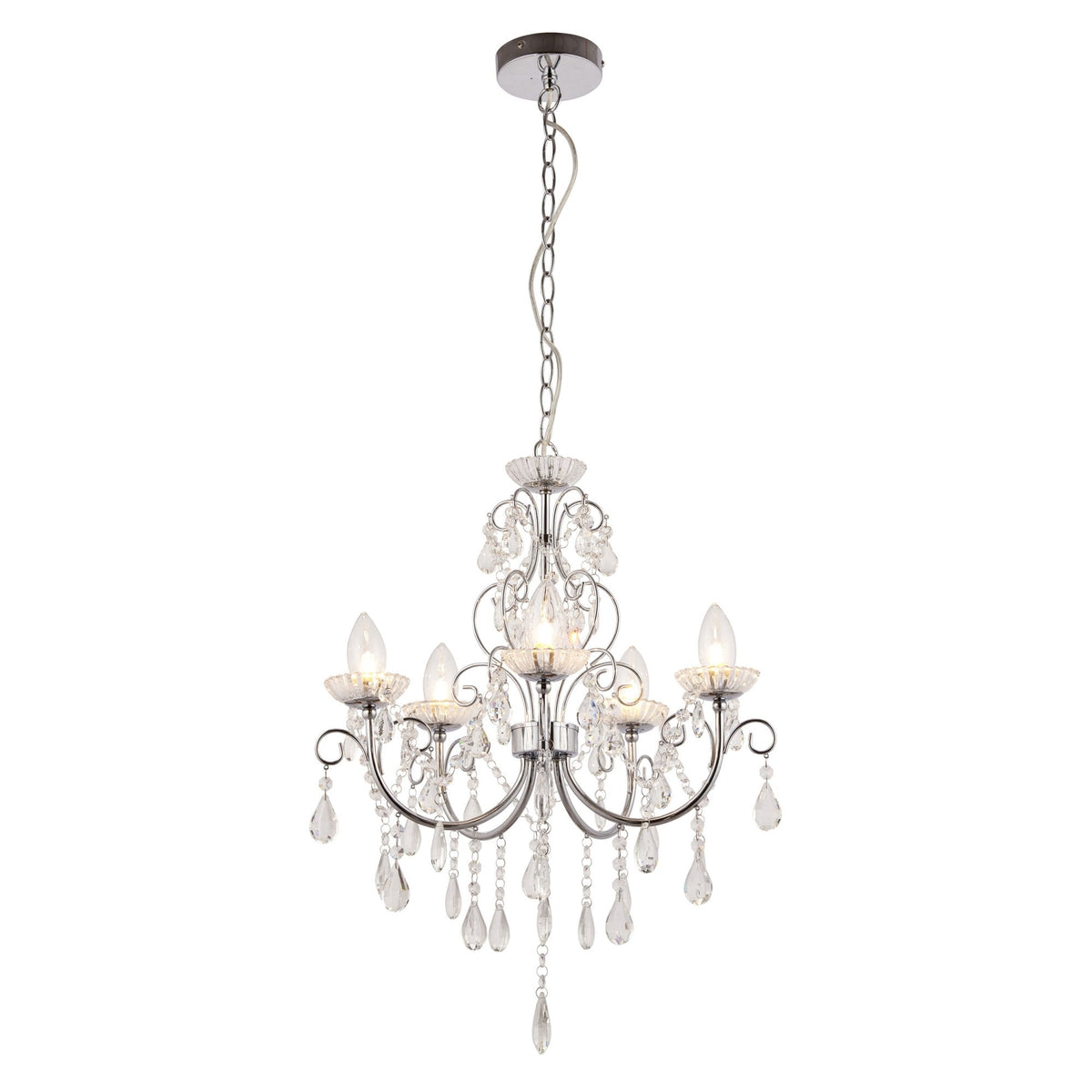 Tabitha Five Light IP44 Bathroom Chandelier in Polished Chrome with Faceted Crystals