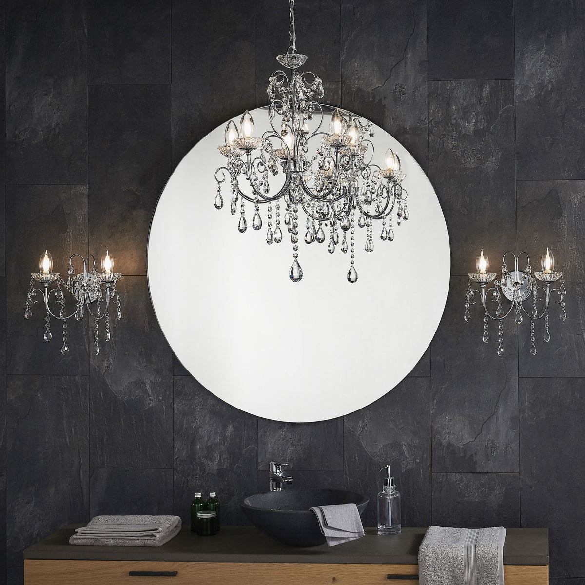 Tabitha Five Light IP44 Bathroom Chandelier in Polished Chrome with Faceted Crystals