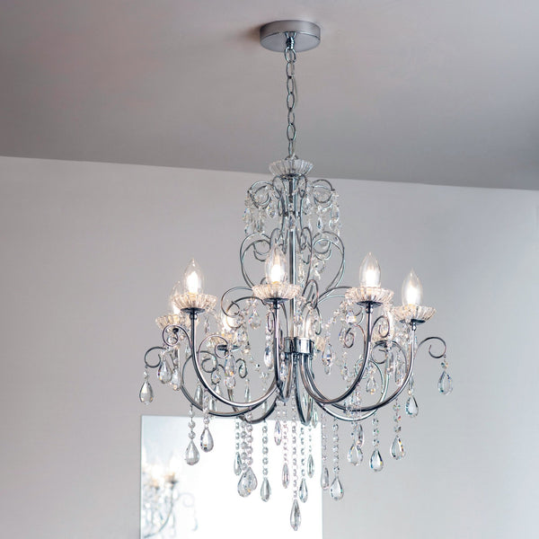 Tabitha Eight Light IP44 Bathroom Chandelier in Polished Chrome with Faceted Crystals
